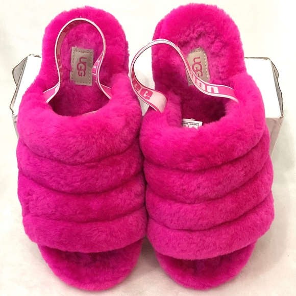 UGG FLUFF YEAH LAMB FUR HOT PINK SLING BACK PEEP TOE SLIPPERS SZ 7 - Picture 3 of 14